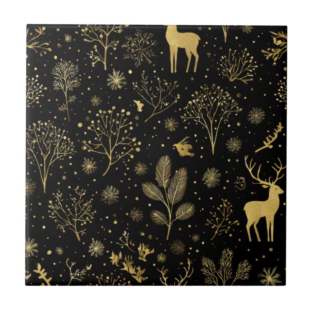 Elegant Golden Winter Forest Pattern Tile (Front)