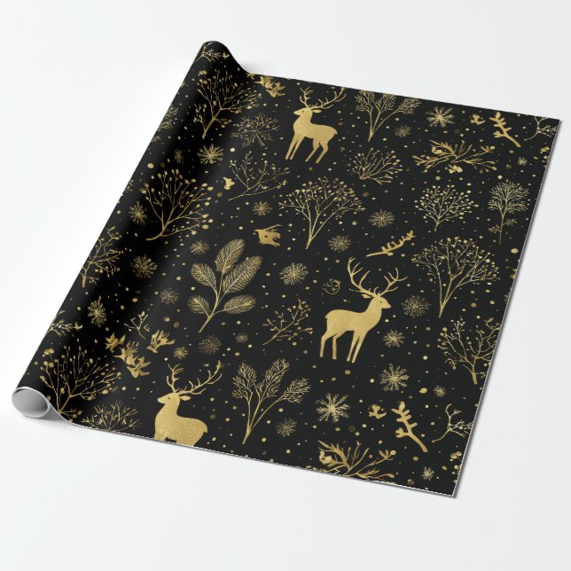 Elegant Golden Winter Forest Pattern Wrapping Paper (Unrolled)