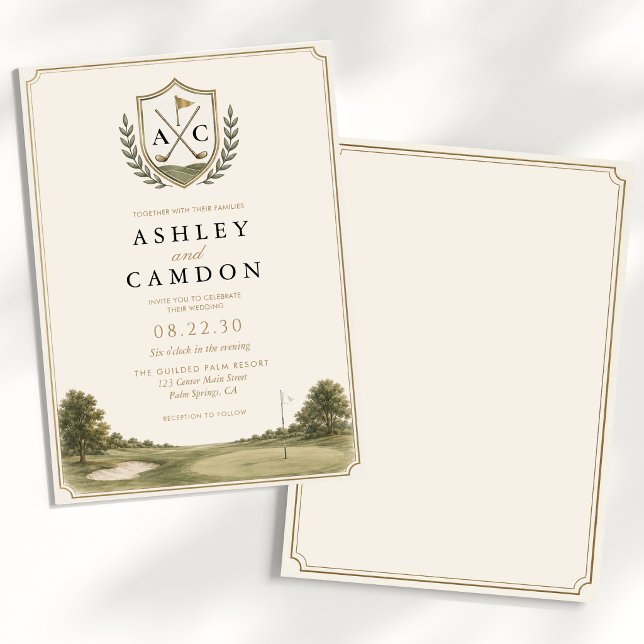 Elegant Golf Crest Monogram Wedding Invitation (Creator Uploaded)