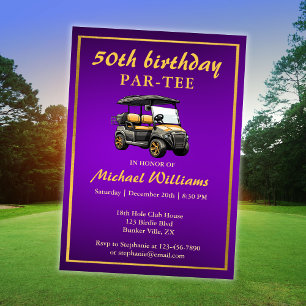 Elegant Golf Theme Cart Purple Gold 50th Birthday Invitation