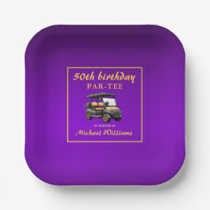 Elegant Golf Theme Cart Purple Gold 50th Birthday Paper Plate