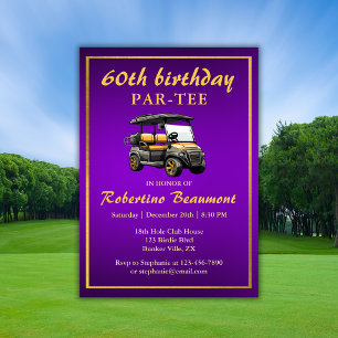 Elegant Golf Theme Cart Purple Gold 60th Birthday Invitation