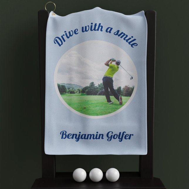 Elegant Golfer Photo Name Blue Golf Towel (You should always drive with a smile! )