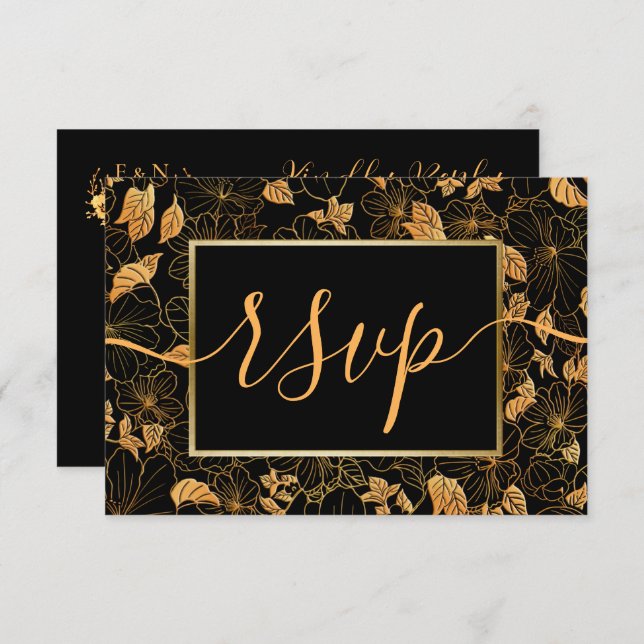 Elegant Gorgeous Black & Gold Foliage RSVP (Front/Back)