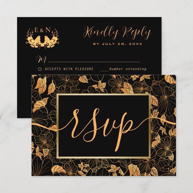 Elegant Gorgeous Black & Gold Foliage RSVP Card (Front/Back)