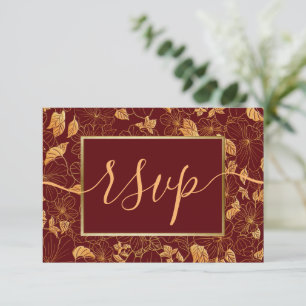 Elegant Gorgeous Dark Burgundy & Gold Foliage RSVP Card