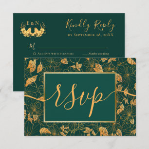 Elegant Gorgeous Emerald Green & Gold Foliage RSVP Card