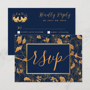 Elegant Gorgeous Gold Foliage Navy Blue RSVP Card