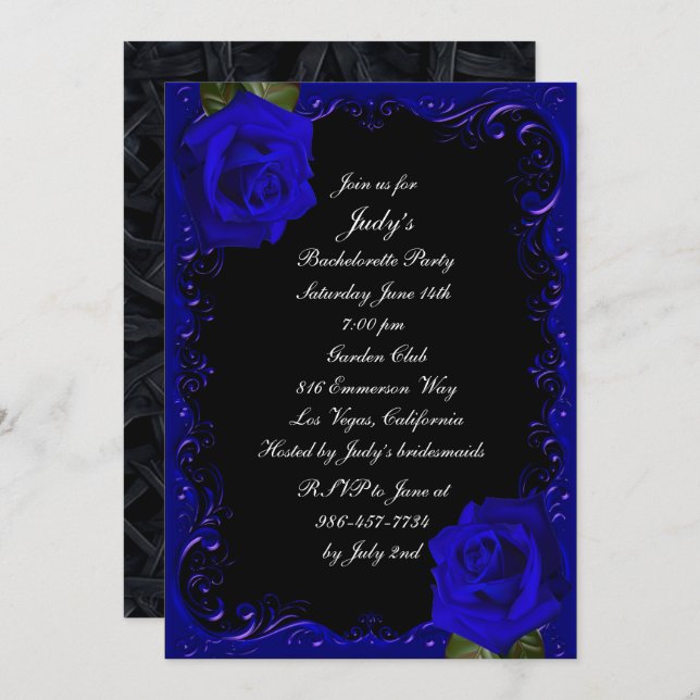 Elegant Goth Blue Roses Bachelorette Party Invitation (Front/Back)