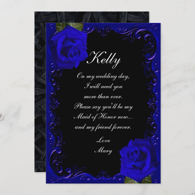 Elegant Goth Blue Roses Maid Of Honour Invitation (Front/Back)