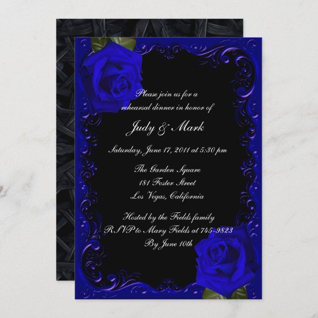 Elegant Goth Blue Roses Rehearsal Dinner Invitation (Front/Back)