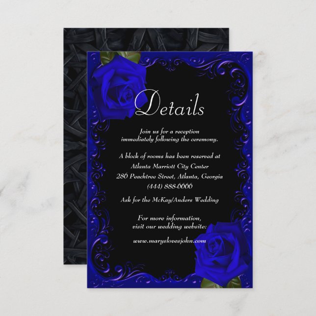 Elegant Goth Blue Roses Wedding Details Card (Front/Back)