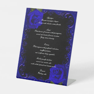 Elegant Goth Blue Roses Wedding Menu Pedestal Sign