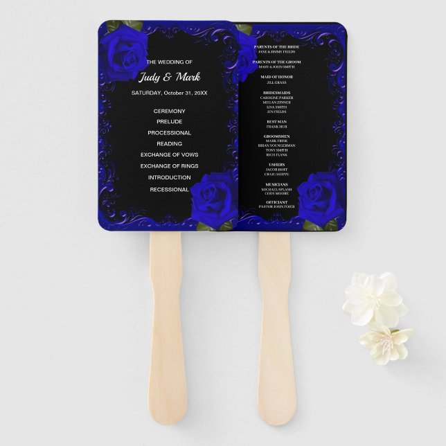 Elegant Goth Blue Roses Wedding Program Fans (Front and Back)