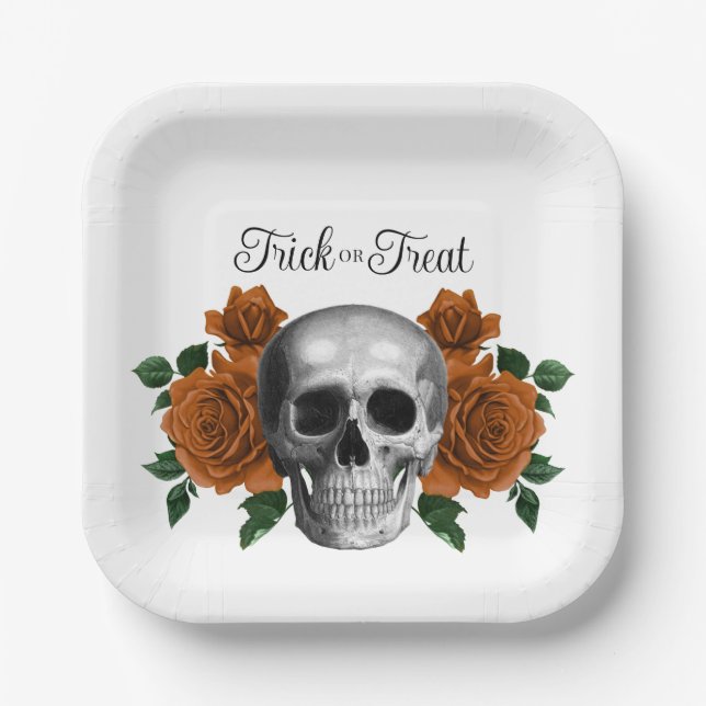 Elegant Goth Floral Skull Trick Or Treat Halloween Paper Plate (Front)