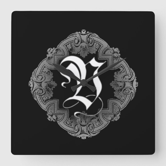 Elegant Goth Initial V Square Wall Clock (Front)