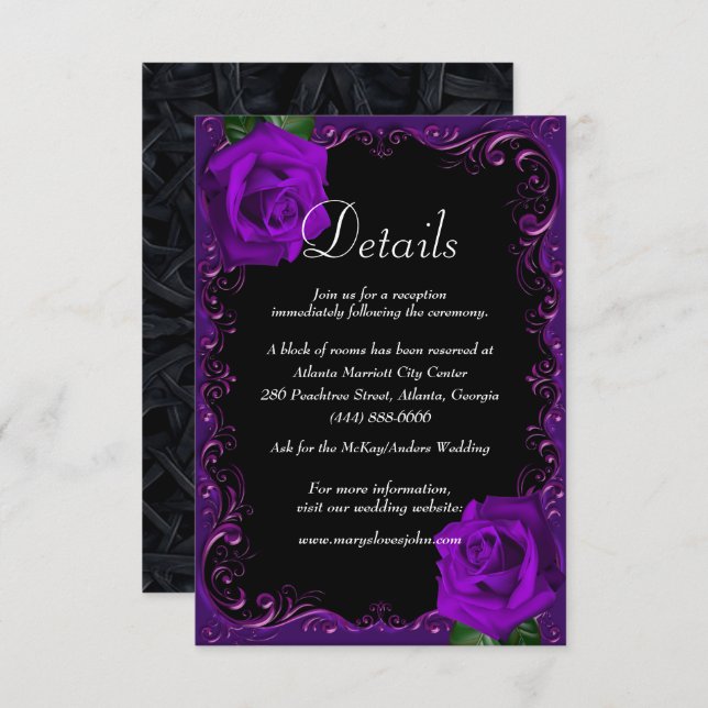 Elegant Goth Purple Roses Wedding Details Enclosure Card (Front/Back)