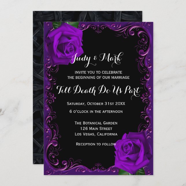 Elegant Goth Purple Roses Wedding Invitation (Front/Back)
