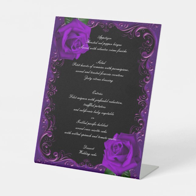 Elegant Goth Purple Roses Wedding Menu Pedestal Sign (Front)