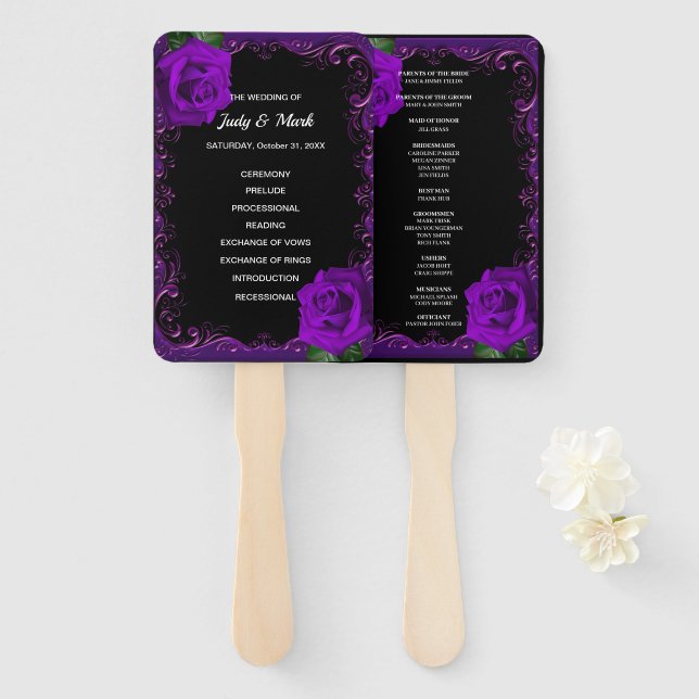 Elegant Goth Purple Roses Wedding Program Fans (Front and Back)