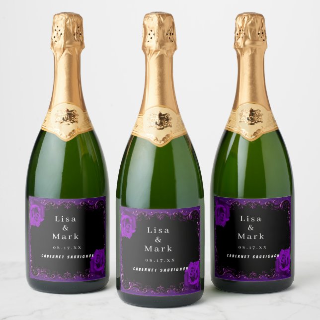 Elegant Goth Purple Roses Wine Labels (Bottles)