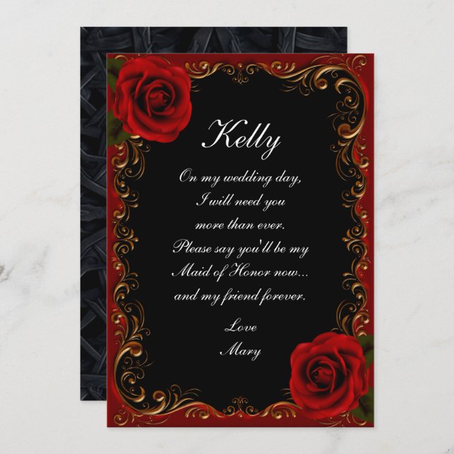 Elegant Goth Red Roses Maid Of Honour Invitation (Front/Back)