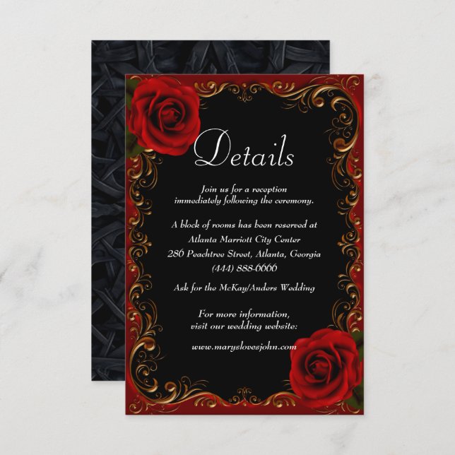 Elegant Goth Red Roses Wedding Details Enclosure Card (Front/Back)