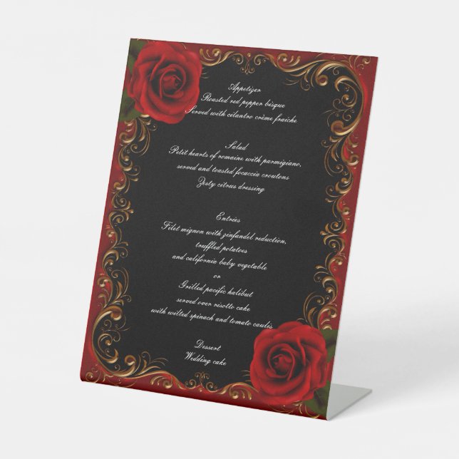Elegant Goth Red Roses Wedding Menu Pedestal Sign (Front)