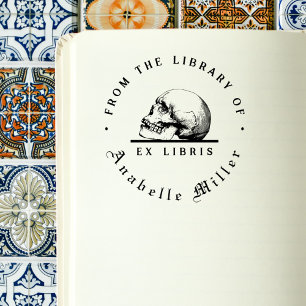 Elegant Goth Skull Vintage Script Ex Libris Book Rubber Stamp