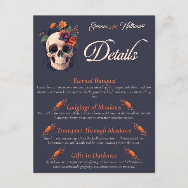 Elegant gothic 3D Floral Skull QR code details Enclosure Card (Front)