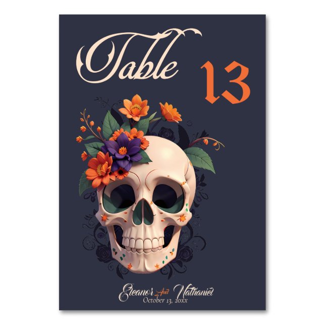 Elegant Gothic 3D Floral Skull Table Number Card (Front)