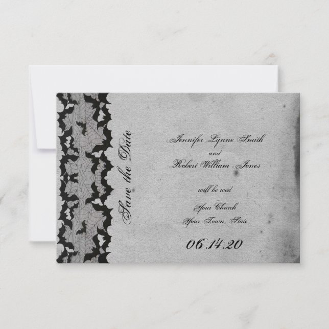 Elegant Gothic Bat Lace Posh Wedding Save the Date (Front)