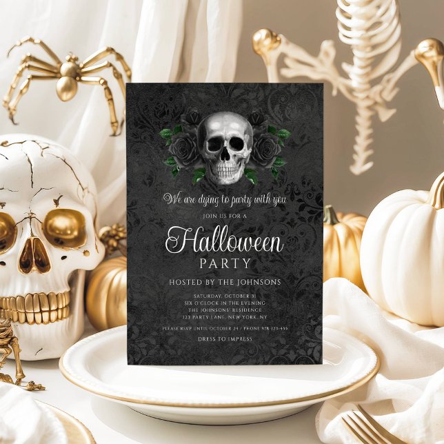 Elegant Gothic Black Floral Skull Halloween Invitation (Elegant Gothic Black Floral Skull Halloween Invitation)