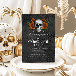 Elegant Gothic Black Floral Skull Halloween Invitation