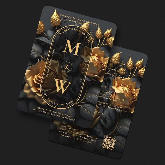Elegant Gothic Black Gold Rose Boho Lux Wedding  Invitation (Elegant Gothic Floral Black Gold Boho Lux Wedding Invitation
)