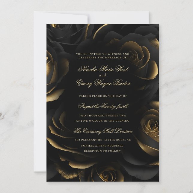 Elegant Gothic Black & Gold Roses Wedding Invitation (Front)
