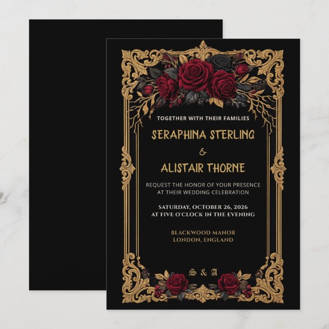 Elegant Gothic Black Rose Gold Wedding Invitation (Front/Back)