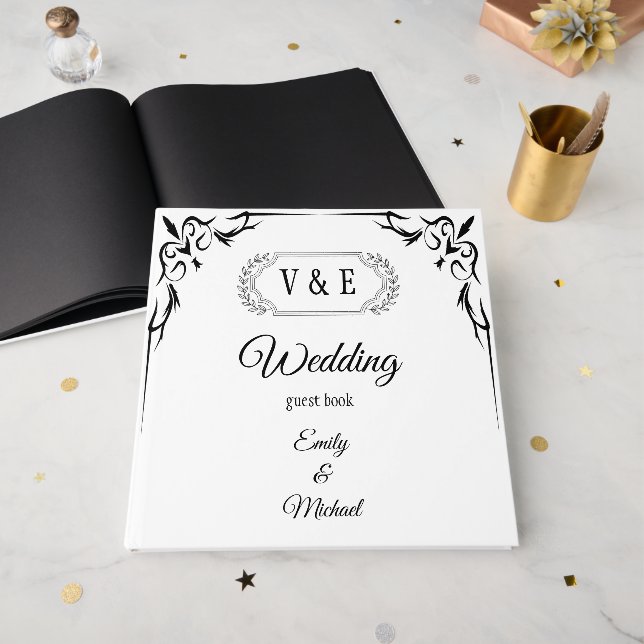 Elegant Gothic Black Rose Monogram Wedding Guest Book (Front Open)