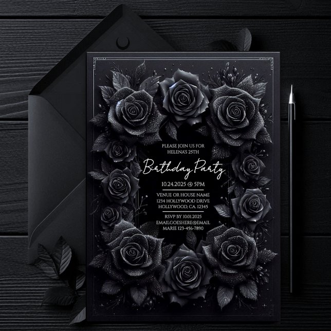 Elegant Gothic Black Roses Birthday Invitation (all black affair dark gothic vampy vampire halloween iorthday party invitation, moody witchy invite.)