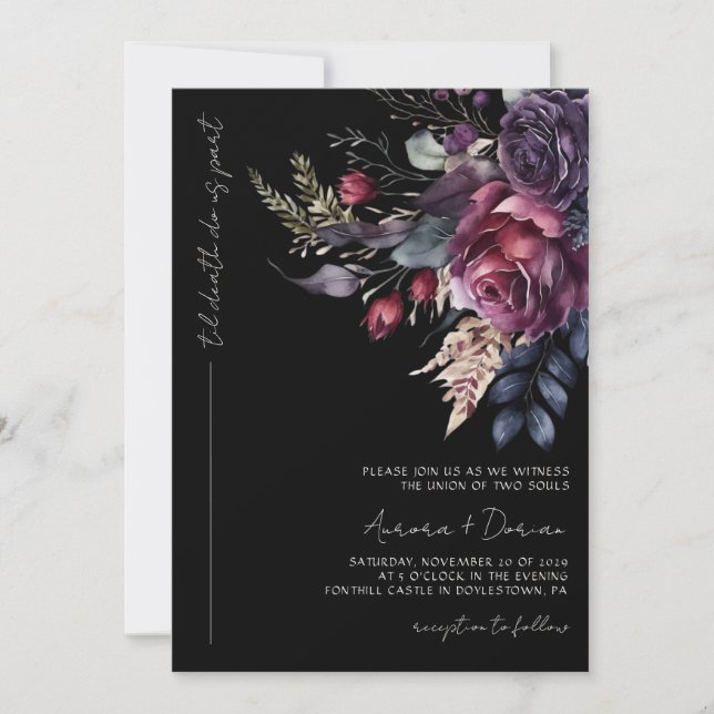 Elegant Gothic Black Watercolor Floral Wedding  Invitation (Front)