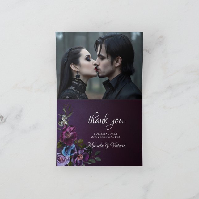 Elegant Gothic Dark Flower Wedding  Photo Thank You Card (Inside)