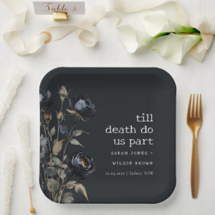 Elegant Gothic Dark Watercolor Black Rose Wedding Paper Plate