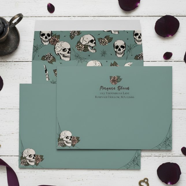 Elegant Gothic Eucalyptus Floral Skulls Envelope (Gothic Floral Skull Envelopes. Elegant Eucalyptus Green Hallowedding Vintage Skulls, Roses for Bride)