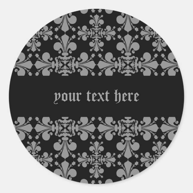 Elegant gothic fleur de lis damask black and grey classic round sticker (Front)