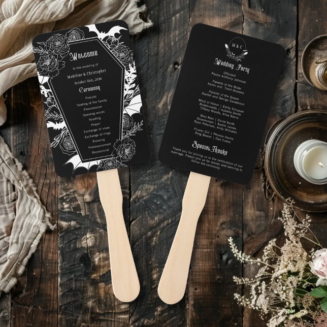 Elegant Gothic Floral Black Wedding Program Hand Fan (Creator Uploaded)
