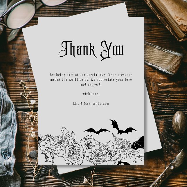 Elegant Gothic Floral Grey Wedding Photo Thank You Card (Creator Uploaded)