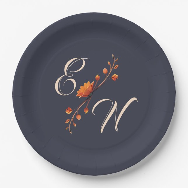 Elegant Gothic Floral Minimal Monogram Wedding  Paper Plate (Front)
