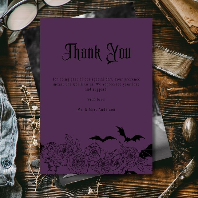 Elegant Gothic Floral Purple Wedding Photo Thank You Card (Creator Uploaded)