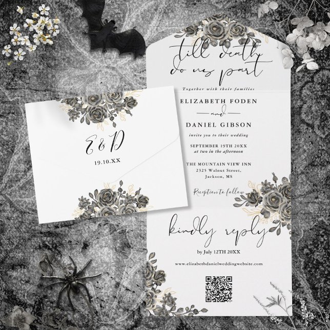 Elegant Gothic Floral Roses QR Code Wedding All In One Invitation (Elegant Gothic Floral Roses QR Code Wedding All In One Invitation)