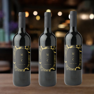 Elegant Gothic Floral Wedding Black Gold Wine Label